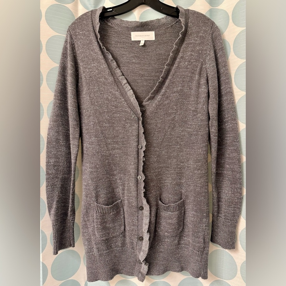 Victoria’s Secret Ruffle Cardigan, Gray with silver threading, Size M